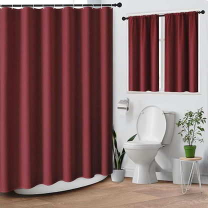Shower Curtain Set, for Bathroom Decor 72" x 72", Burgundy Modern | Waffle Solid Textured Waffle Textured Cloth Waterproof Matching Window Shower Curtain 36 x 30 Inches