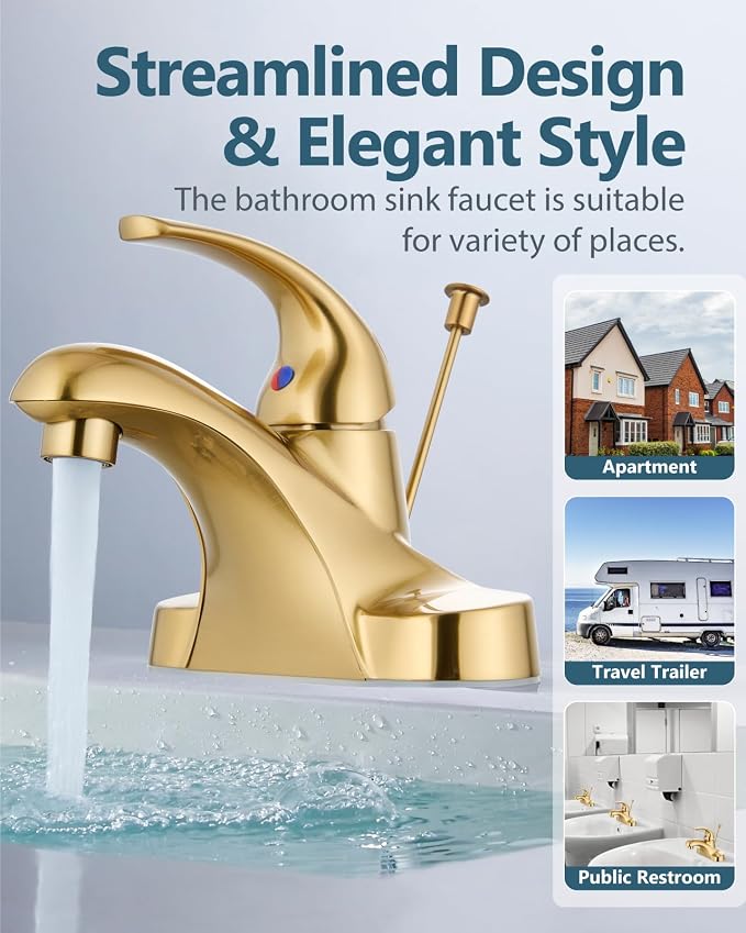 4-Inch Centerset Bathroom Sink Faucet with Drain, Brushed Gold | Single-Handle Vanity Faucet with Lift Rod Drain, 24-Inch Supply Lines, 1.2 GPM, 3-Hole Deck Mount, Easy Installation
