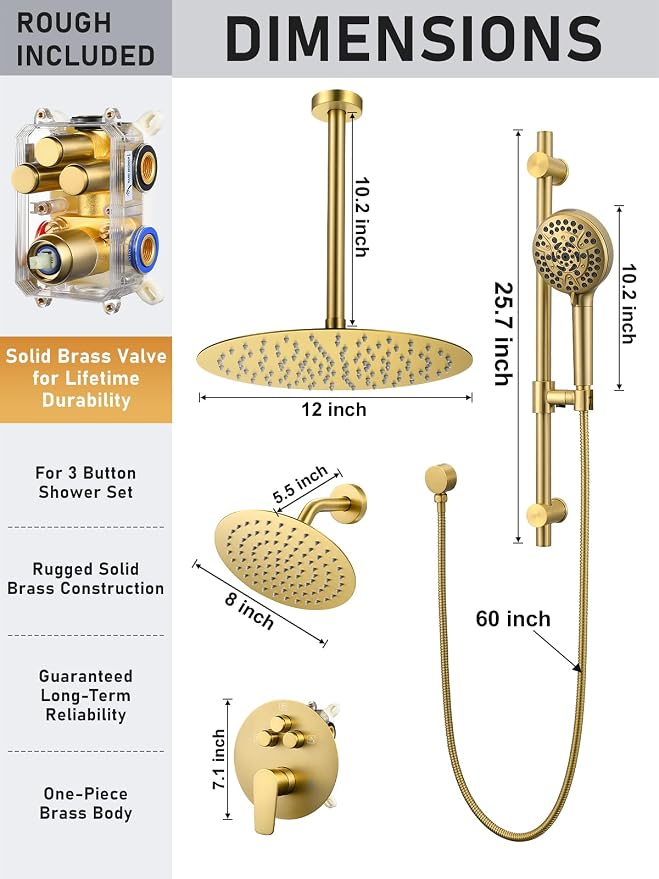Woindo Shower Faucet Set with Slide Bar, 12" Rain Shower Head/8'' Side Shower Head and 10 Setting Handheld Ceiling Mount 3 Push Button Diverter Complete Rainfall Shower System Included Valve Trim Kit