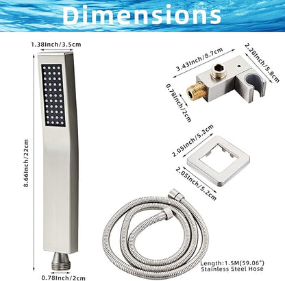 Brushed Nickel Square Hand Shower Head, handheld shower head with hose,Brass High Pressure Rinse With Adjustable Water Supply Elbow Wall Mount Connector Shower Bracket and Hose Set