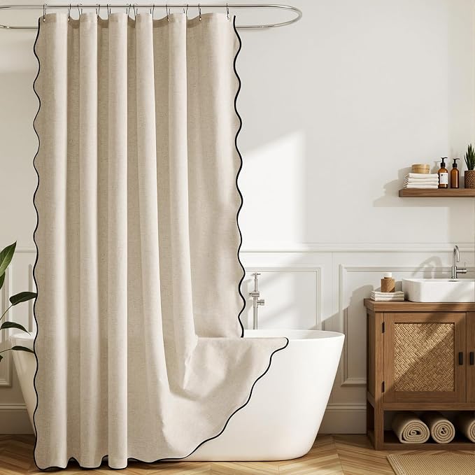 MIULEE 84" Long Beige Scalloped Linen Shower Curtain 72W x 84L | 12 metal hooks, Linen scalloped, waterproof washable, thick heavy cloth, black border, boho farmhouse, bathroom hotel use