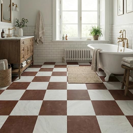 Peel and Stick Floor Tiles | 30 Sq.Ft Light Red Marble | Matte Finish / Recycleable / Anti-slip / Surface Coated /1.5mm Thick /12 by 12 Inches / Indoor Area / Easy to Clean /