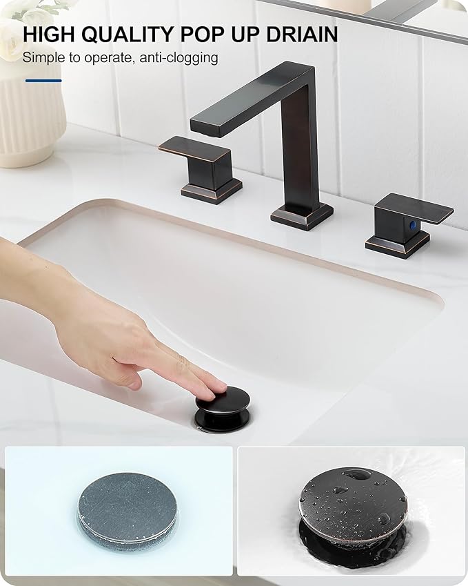 Oil Rubbed Bronze Bathroom Faucet 3 Hole, Brass 8 Inch Widespread Bathroom Sink Faucet 2 Handle with Pop-Up Drain & Pre-Installed cUPC Water Hoses for Vanity, Restroom, 4 Steps Quick Install