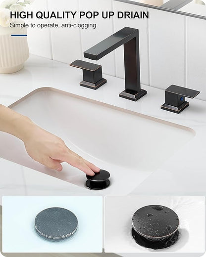 Oil Rubbed Bronze Bathroom Faucet 3 Hole, Brass 8 Inch Widespread Bathroom Sink Faucet 2 Handle with Pop-Up Drain & Pre-Installed cUPC Water Hoses for Vanity, Restroom, 4 Steps Quick Install