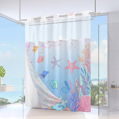 No Hook Shower Curtain and Liner Set, Blue Pink Beach Coastal 71x74 | Nautical Ocean for Bathroom, with Snap in Liner Replacement, Mesh Top Window, Waterproof, Machine Washable, Quick-Drying