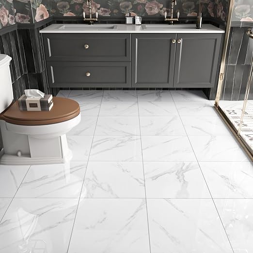 Marble Peel and Stick Floor Tile Bathroom Waterproof Vinyl Tiles | Self Adhesive Marble Sticky Tiles for Floor Bedroom Kitchen Camper Laundry Peel and Stick Tile Flooring 20 PCS 12"x12" White