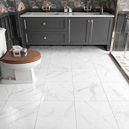 Marble Peel and Stick Floor Tile Bathroom Waterproof Vinyl Tiles | Self Adhesive Marble Sticky Tiles for Floor Bedroom Kitchen Camper Laundry Peel and Stick Tile Flooring 20 PCS 12"x12" White