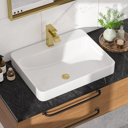 Rectangular Bathroom Vessel Sink, 24"W x 19"D Semi Recessed Bathroom Sink White Ceramic Porcelain Vanity Sink Basin Above Counter for Bathroom, Restroom & Home Use