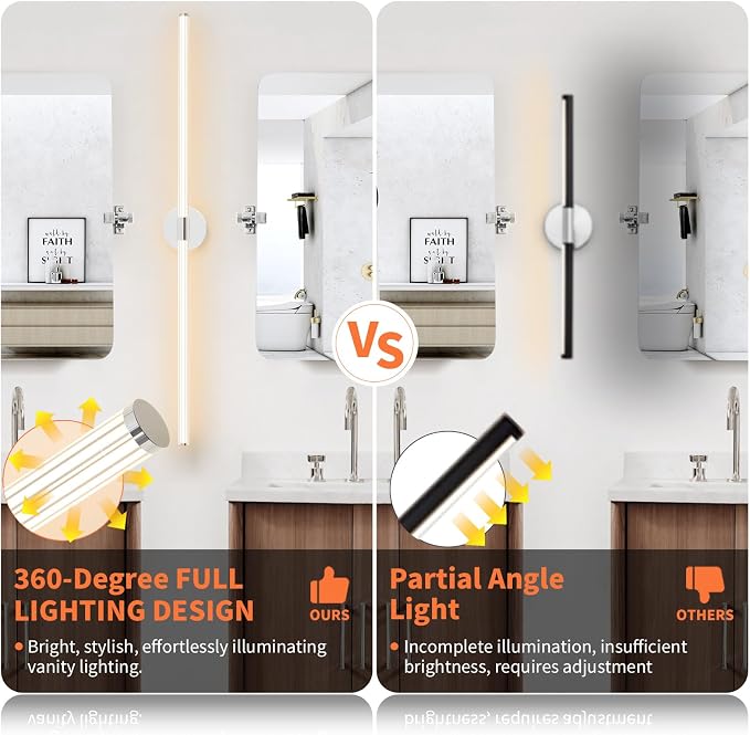 Bathroom Vanity Lights 47" Long LED Vanity Light Bar Chrome | 360° Bright Bathroom Lights, Dimmable Vanity Light, Hardwired Wall Light 3000K Warm White for Mirror