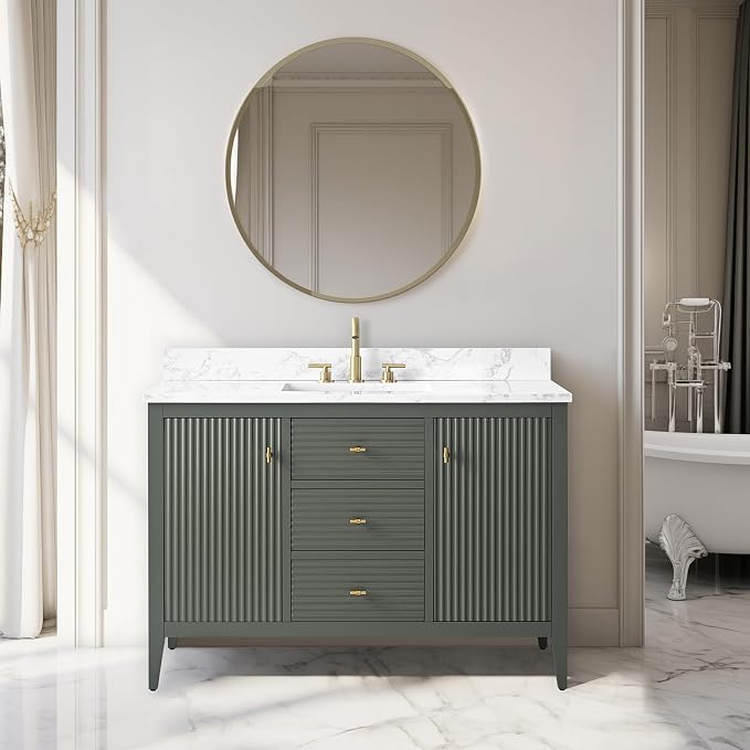 Vanity Art 48 inch Bathroom Vanity with Single Sink & Ceramic Top, Vanity Cabinet with Soft-Closing Door, Solid Wood Frame, Linear Pattern, Vintage Green, Golden Brushed Handware VA9148-VG-GB