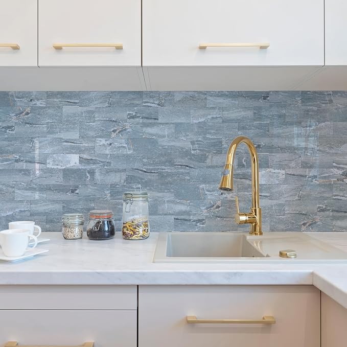 2026 New Upgrade Peel and Stick Backsplash Tile, Peel and Stick 11.34" X 11.57" Wall Tile for Kitchen, Bathroom, Fireplace, Laundry (Polished Marble Cyan, 1 Pack)