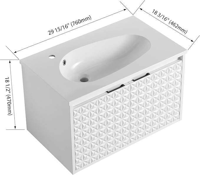 SSLine Modern 30" Floating Bathroom Vanity with Sink Wall Mounted Bathroom Vanity with Top Basin & Storage Cabinet 30-Inch White Star Bath Vanity w/Drop-Shaped Resin Sink for Small Space