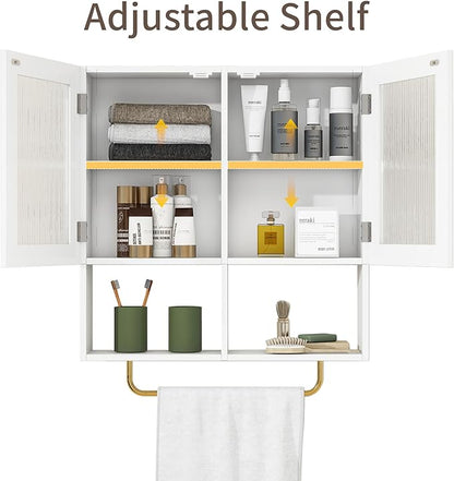 Wall Mounted Bathroom Storage Cabinet Medicine Cabinet with Acrylic Doors & Towel Bar Adjustable Shelves for Bathroom, Laundry Room, Bedroom, Enterway