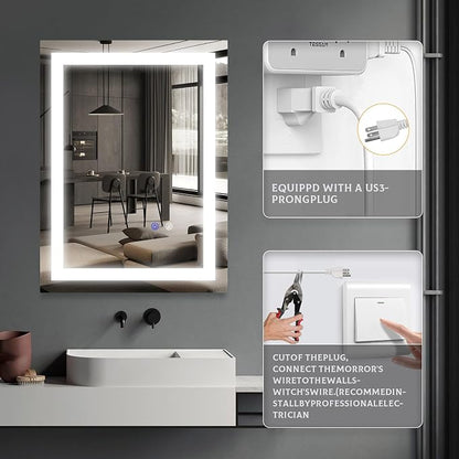 16"x 24" LED Bathroom Mirror Vanity Mirror, Anti-Fog, Dimmable, Color Temperature Adjustable 3000-6000K, Switch-held Memory Led Wall Mirror Suitable for Bathroom, Vanity (Vertical/Horizontal)