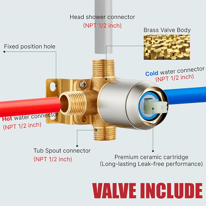 Heyalan 8-Inch Shower Faucet Set with Tub Spout and Valve,Brushed Nickel | 8-inch square rainfall head, tub spout with diverter, male-thread rough-in valve, single-handle control and wall-mount design