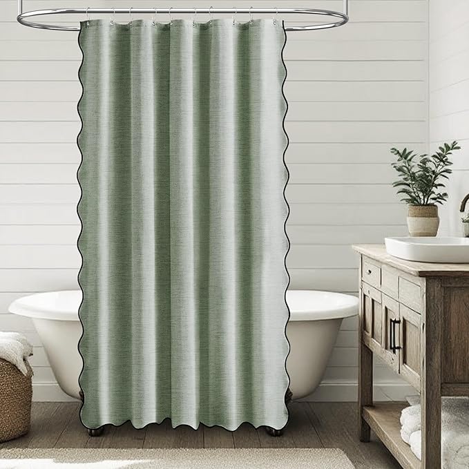BTTN Stall Shower Curtain, Boho Scalloped Linen Textured Heavy Duty Fabric Shower Curtain Set with 10 Hooks, Narrow Neutral Waterproof Washable Rustic Shower Curtains for Bathroom, 60×72, Sage Green