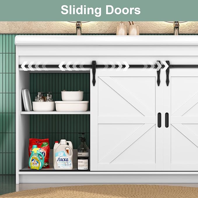 48 Inch Bathroom Vanity with Sink, Bathroom Vanity Cabinet with Doulble Sink, White Bath Vanities with 2 Sliding Doors (20" D x 48" W x 36" H)