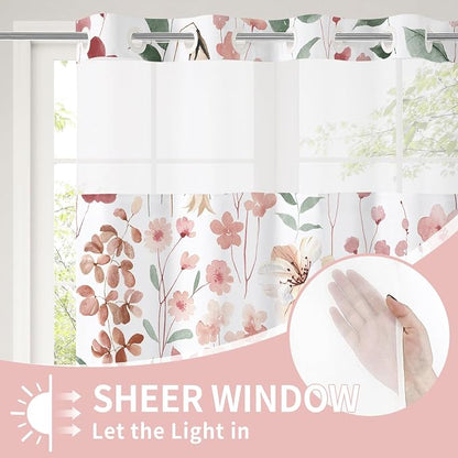 Litabel No Hook Pink Watercolor Floral Shower Curtain and Liner Set, 72x80 | Spring Flower Shower Curtains with Snap-in Liner for Farmhouse Bathroom Decor, Botanical Bathroom Curtain with Leaves