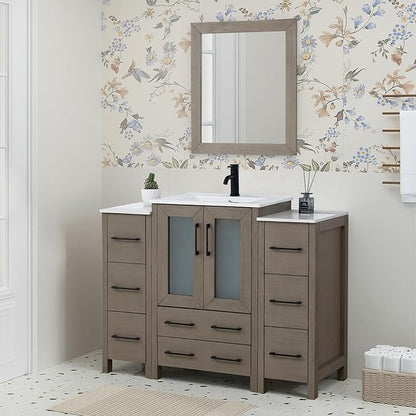 HOMEBEYOND 48 Inch Modern Bathroom Vanity with Sink & Mirror, Single Vanity Cabinet with Basin and Mirror, Dove-Tailed Drawers, Soft-Closing Doors, Wood, Driftwood Gray