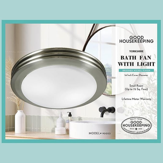 Good Housekeeping 90053 Yorkshire Decorative 80 CFM 2.5 Sones Bathroom Ventilation Exhaust Fan with Light, Brushed Nickel