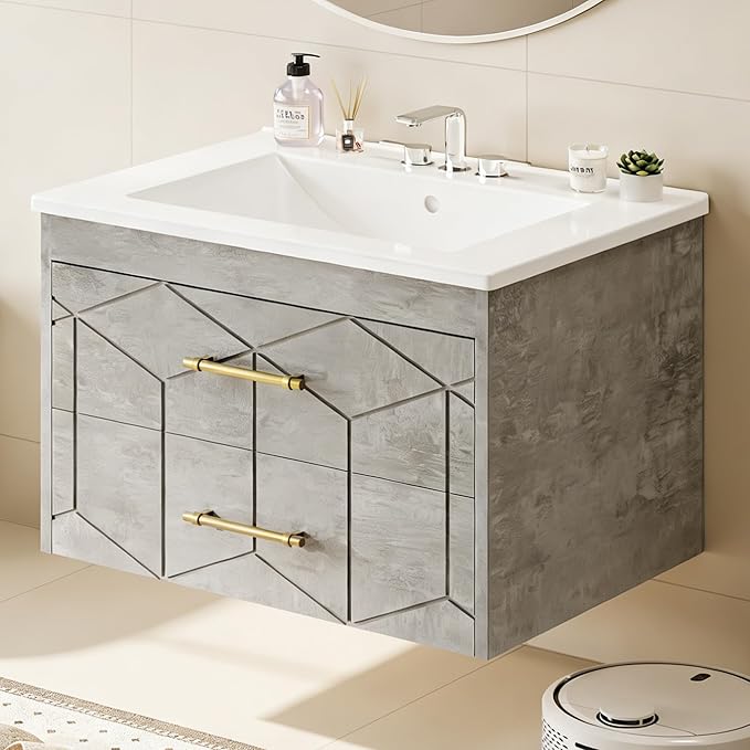 IDEALHOUSE Floating Bathroom Vanity with Sink 30 inch, Modern Bathroom Sink Cabinet, Ceramic Vanity Top, 2 Large Storage Drawers with Gold Metal Handle, Easy to Assembly, Grey