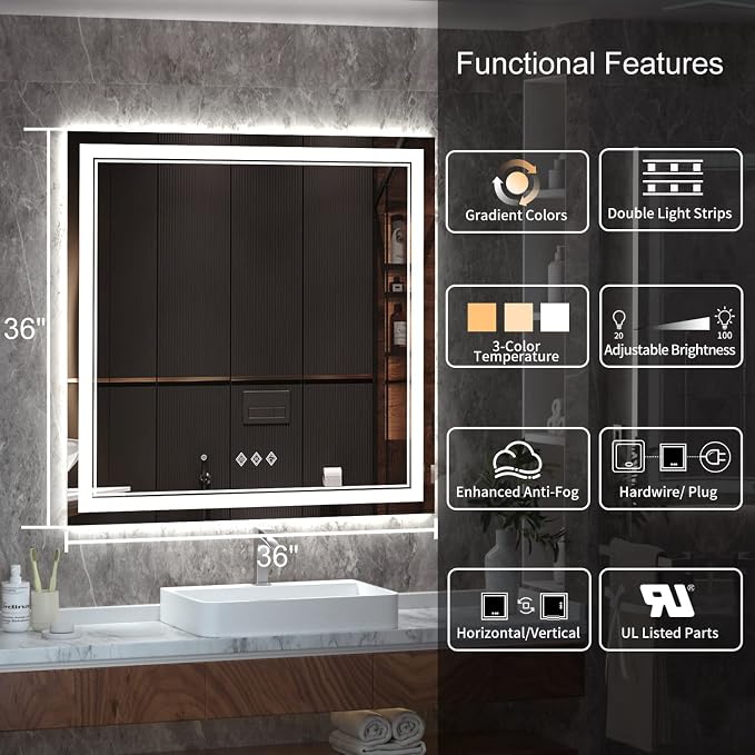LED Mirror for Bathroom, 36x36 Inch, 3 Colors Dimmable CRI>90 Double Lights, Enhanced Anti-Fog, Hanging Plate Wall Mount Lighted Vanity Mirror