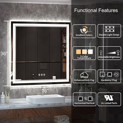 LED Mirror for Bathroom, 36x36 Inch, 3 Colors Dimmable CRI>90 Double Lights, Enhanced Anti-Fog, Hanging Plate Wall Mount Lighted Vanity Mirror