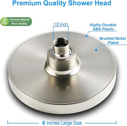 6" High Pressure Rain Shower Head, Luxury Brushed Nickel Finish | 6 Inch Fixed Bathroom Showerhead, Adjustable Replacement, 90 Anti-Clog Nozzles, Removable Restrictor, Tool-Free Easy Install