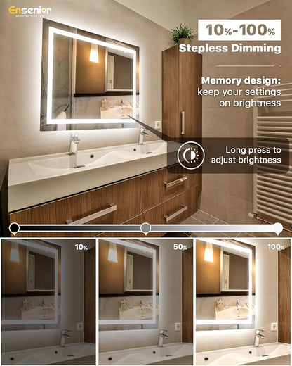 Ensenior LED Bathroom Mirror 40"x 32" with Front and Backlight, Stepless Dimmable Wall Mirrors with Anti-Fog, Shatter-Proof, Memory, 3 Colors, Modern LED Vanity Mirror-ETL & FCC