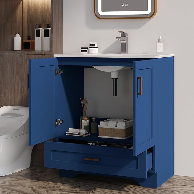 30 inch Bathroom Vanity with Sink, Modern Blue Vanity for Bathroom with Undermount Ceramic Sink, Freestanding 2-Door & 1-Drawer Storage Cabinet, for Small Bathroom Space, (Blue, 30")