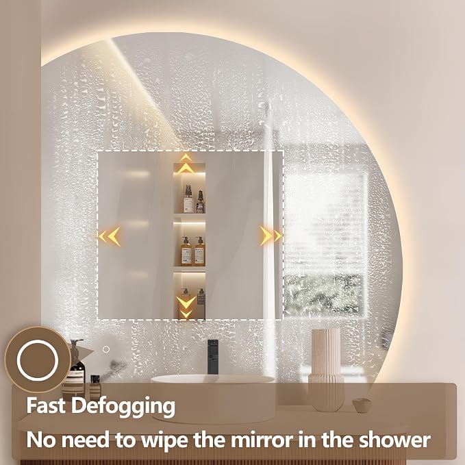36" Half Moon LED Bathroom Mirror, Backlit Wall Mirror with Lights | Frameless Vanity Mirror with 3 Color Dimmable, Anti Fog, HD Shatter-Proof, IP65 Waterproof, Memory, CRI95+, Right/Left Cut