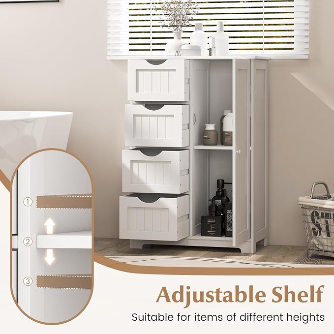 Giantex Bathroom Storage Cabinet with Drawers - 4 Drawer Storage Organizer w/Cupboard, Adjustable Shelf, Anti-Toppling Device, Entryway Storage Unit Console Table, Bathroom Floor Cabinet (White)