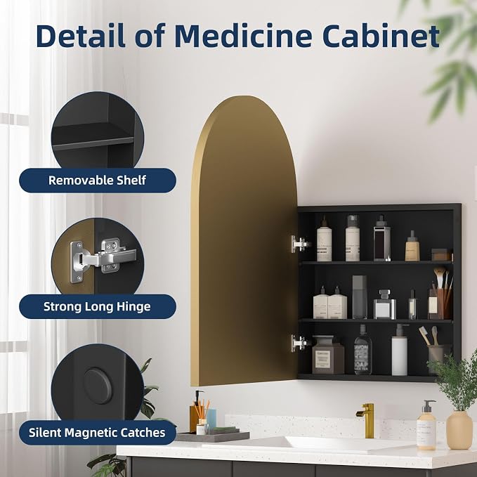 Medicine Cabinets for Bathroom, Gold Arched Medicine Cabinet Recessed or Surface Wall-Mounted,Modern Bathroom Vanity Mirror with Storage, Mirrored Cabinet with Adjustable Shelves,20x30 Inch