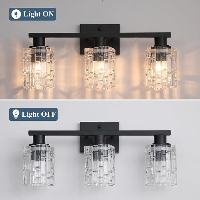 3 Light Matte Black Bathroom Vanity Light Over Mirror, Modern Vanity Lighting with Crystal Glass Shade, Wall Mount Bathroom Light Fixtures, E26 Base