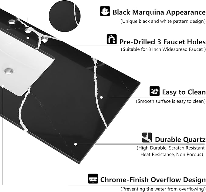 48 in. W x 22 in D Quartz Vanity Top in Black Marquina,with One Sidesplash & One Backsplash, Vanity Sink Top with Assembled Single Drop-in Sink, Pre-Drilled 8 Inch Faucet Hole Countertop