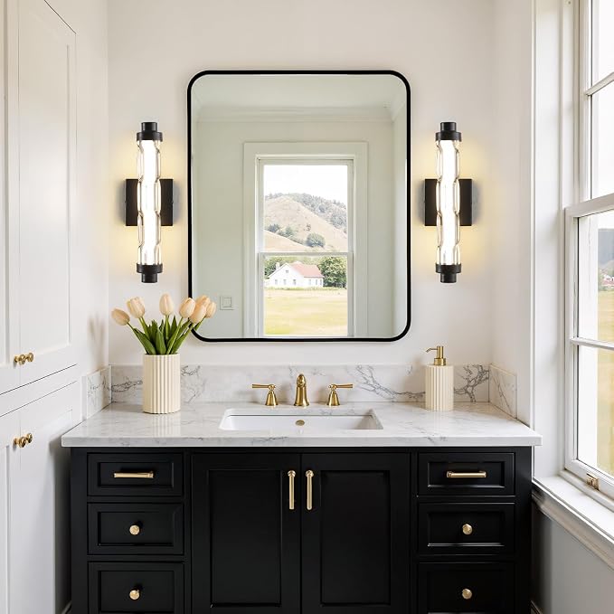 15.4" Black Wall Sconces Set of 2, Modern Bathroom Sconces with Ripple Glass Shade, 5CCT Dimmable LED Wall Lights 14W for Bedroom, Hallway, Staircase