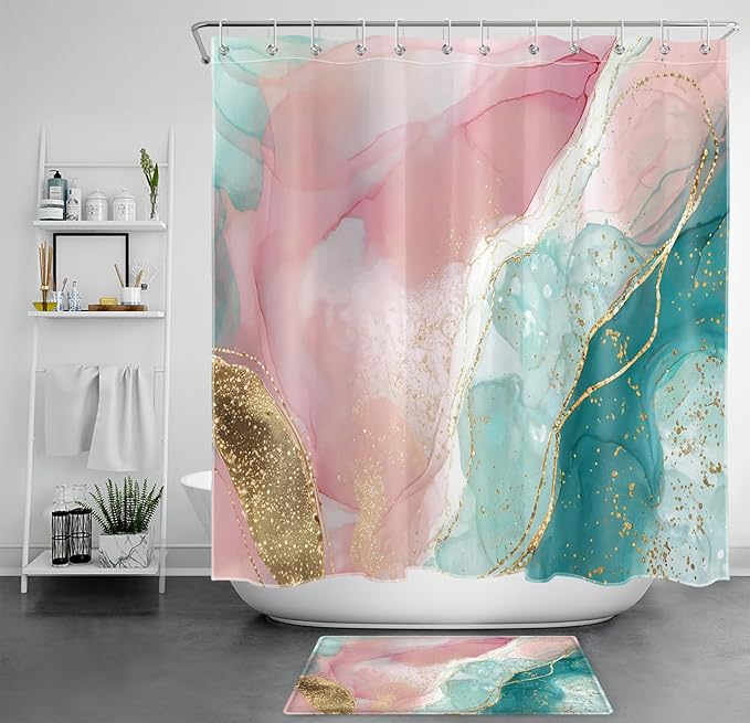 HVEST Abstract Marble Shower Curtain Set Pink and Gold Abstract Marble Bathroom Sets with Shower Curtain and Rugs,Modern Minimalist Bathroom Curtain Bathroom Decor Sets,70L X 70W inches
