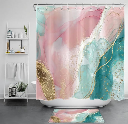 HVEST Abstract Marble Shower Curtain Set Pink and Gold Abstract Marble Bathroom Sets with Shower Curtain and Rugs,Modern Minimalist Bathroom Curtain Bathroom Decor Sets,70L X 70W inches