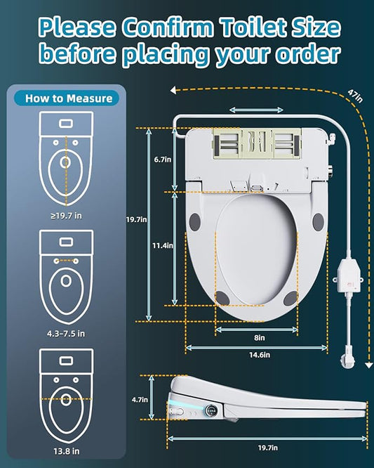 Sanyipace Bidet Toilet Seat, Elongated Electric Smart Heated Toilet Seat with Warm Water & Dryer, Self-Clean Nozzle, Night Light, Soft-Close Automatic Lid, Aromatherapy Function (White LED)