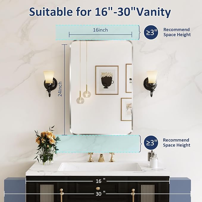 Medicine Cabinet Mirror 16x24 Inch, Brushed Nickel Bathroom Mirror Cabinet with Stepless Adjustable Shelves, Stainless Steel Frame, Bathroom Mirror with Storage Recessed or Wall Mount