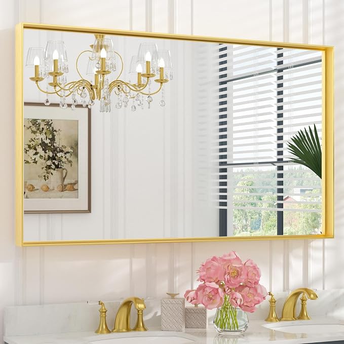 Keonjinn 48x30 Inch Gold Bathroom Mirror for Over Sink, Vanity Mirror | HD Tempered Glass, Rectangular, Brushed Framed, Square Corner, Modern Farmhouse, Wall Mounted Mirrors, Aluminum Alloy