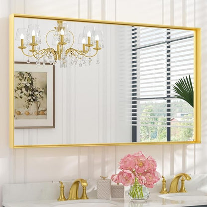 Keonjinn 48x30 Inch Gold Bathroom Mirror for Over Sink, Vanity Mirror | HD Tempered Glass, Rectangular, Brushed Framed, Square Corner, Modern Farmhouse, Wall Mounted Mirrors, Aluminum Alloy