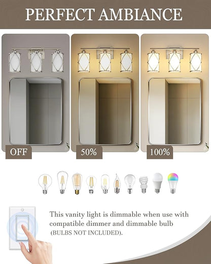3-Light Brushed Nickel Bathroom Light Fixtures with Milk Frosted Glass, 21" Modern Bathroom Vanity Lighting Fixtures Over Mirror with Metal Cage, Wall Sconce Lights for Bath, E26, CH9176BNW-3W