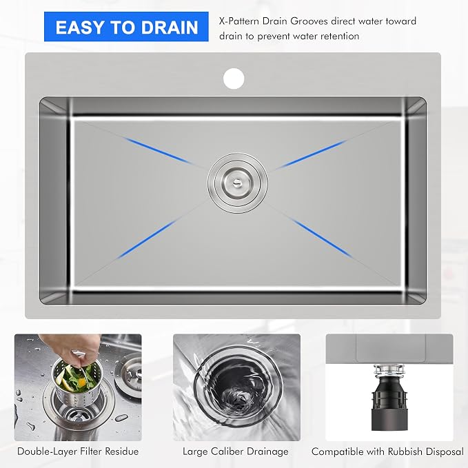 30"x18" Drop-In Single Bowl Sink 304 Stainless Steel 1-Hole | 30 inch Drop in Kitchen Sink | 304 SS Handmade | Topmount | 9" Deep Bowl | Family Kitchen/Prep | Large Capacity