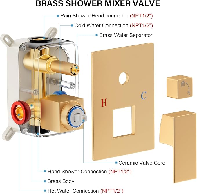 FPXRNG Shower Faucet Set Rainfall Shower System with Square Shower Head and Handle Set Rough-in Valve and Metal Trim Kit Included Paint Gold 10 Inch Wall Mounted Shower Fixtures