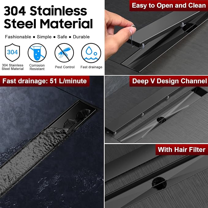 DLONE® Linear Shower Drain - 32 Inch Matte Black, with Tile Insert Pane | AISI 304 Stainless Steel Linear Drain, Rectangle Shower Floor Drain, with Adjustable Feet, Fits Bathroom & Balcony etc