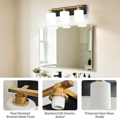 Black and Gold Bathroom Light Fixture, Modern 3 Light Vanity Lights for Bathroom Lighting Fixtures Over Mirror, White Glass Lampshade, Master & Guest bathrooms Bathroom Remodel, 20-inch