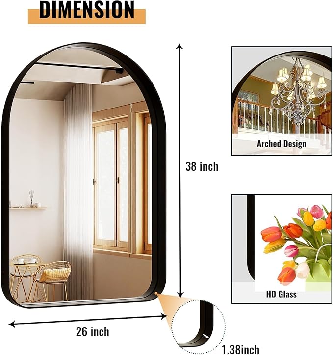 38"x26" Arched Bathroom Mirror - Modern Black Mirror for Wall with Rounded Corners, Bathroom Mirror for Vanity, Aluminum Alloy Framed Mirror - for Living Room, Bedroom, Cloakroom