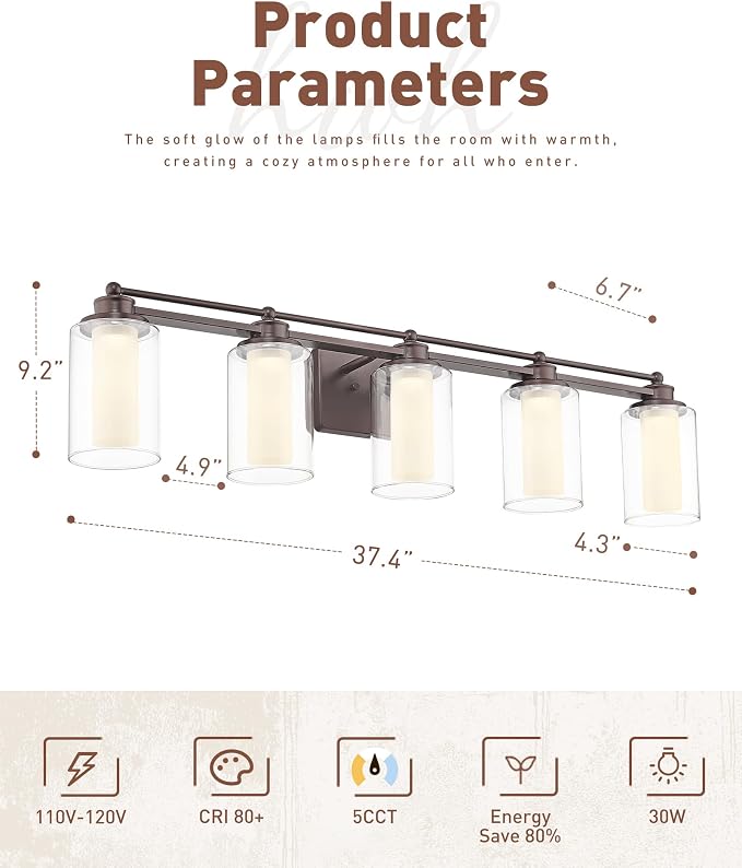 HWH 5-Light Bathroom Vanity Light Fixture, Clear Glass, 5HLT63B-5W-LED ORB | Dimmable, 5CCT, Oil-Rubbed Bronze, 30W, Bathroom Lights Over Mirror, Vanity Lights, Smooth LED Brightness Adjustment