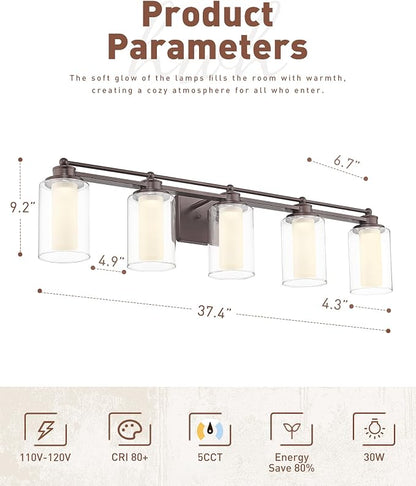 HWH 5-Light Bathroom Vanity Light Fixture, Clear Glass, 5HLT63B-5W-LED ORB | Dimmable, 5CCT, Oil-Rubbed Bronze, 30W, Bathroom Lights Over Mirror, Vanity Lights, Smooth LED Brightness Adjustment